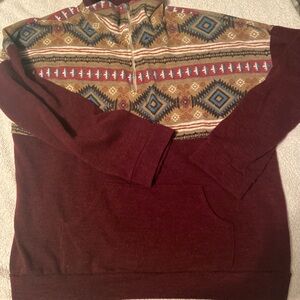 7th Ray Women's Maroon and Tan Patterned Zip Up Sweater